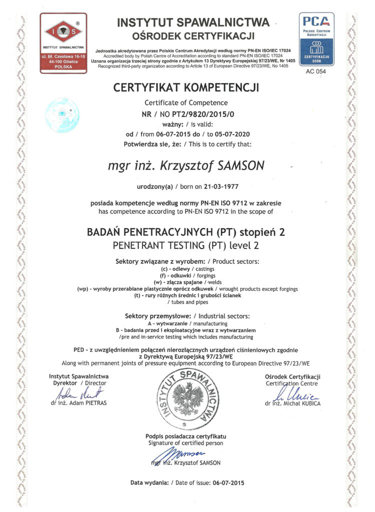 Instytut spawalnictwa - Certyfikat kompetencji NO PT2/9820/2015/0